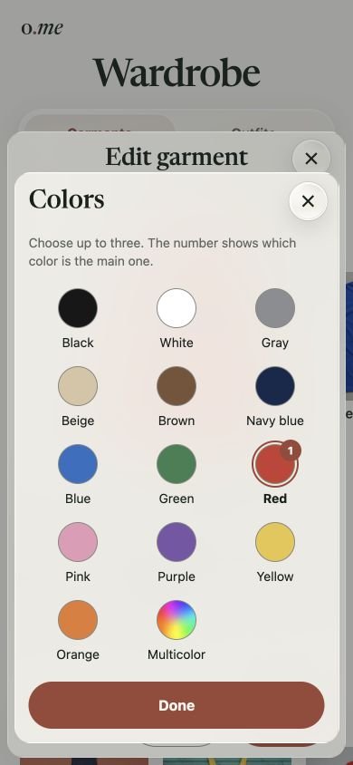 Garment color picker in Outfiteame